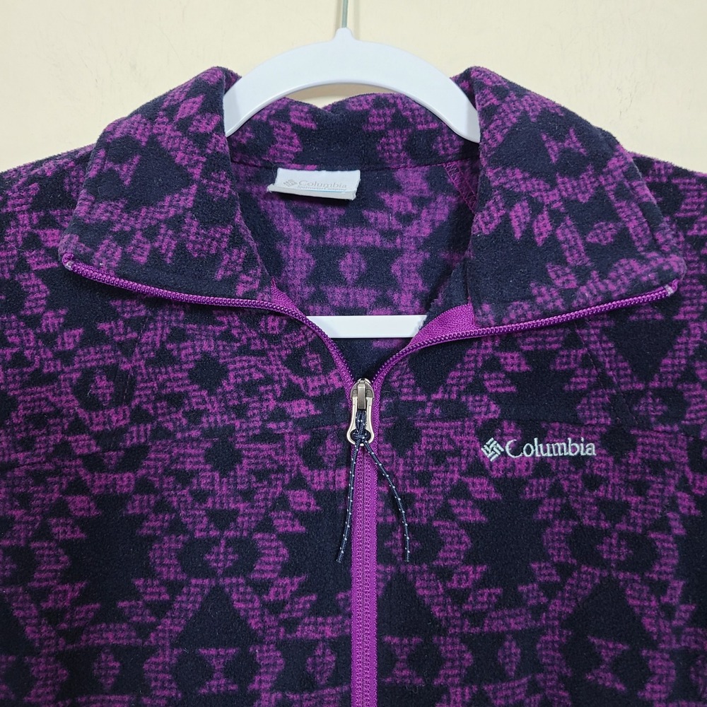 Columbia Purple Black Geometric Fleece S Full‎ Zip Jacket Granola Girl Winter - Picture 6 of 11